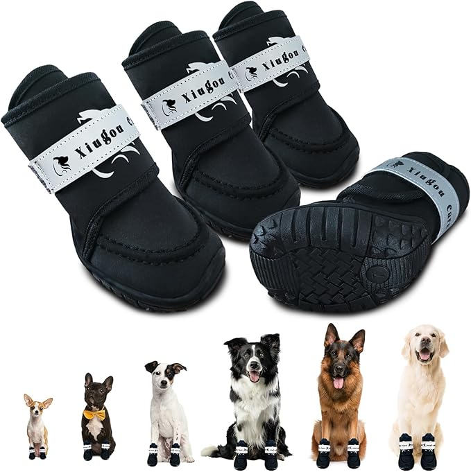 XIUGOU CARE Dog Shoes for Small, Medium and Large Dogs - Waterproof for Rainy Days, Fit for Winter Snow and Hot Summer Roads, with Anti-Slip Soles for Indoor Hard Floors (Black, Size 1)