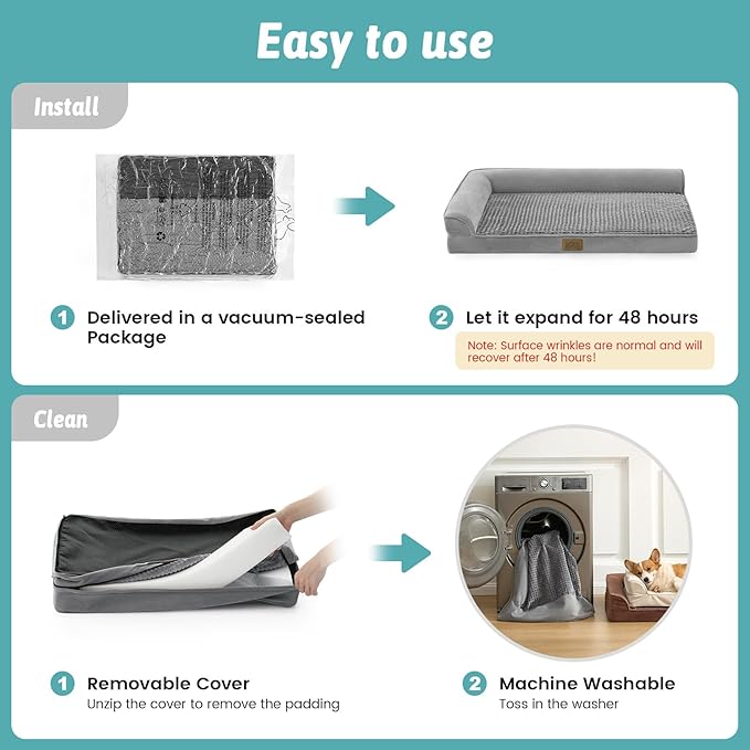 Orthopedic Dog Bed for Medium Small Size Dog, Dogs Crate Bed, L Shaped Foam Anti-Slip Bottom Pet Cat Sofa with Washable Removable Cover, Suitable for Pet Up to 40 lbs, 30x20x7.5 inch, Grey