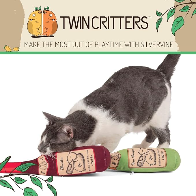 TWINCRITTERS KittiLush 2-Pack Organic Silvervine Catnip Substitute Toys for Cats & Kittens | 100% All-Natural Wild Harvested Silvervine | 2 Refillable Wine Bottle Kicker Cat Toys