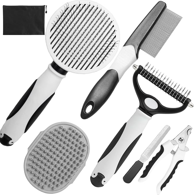 Dog Brush for Shedding, 7 PCS Dog Grooming Brush Kit, Undercoat Rake, Slicker Brush, Deshedding Comb, Bath Brush, Nail Clipper for Long & Short Haired Dogs & Cats, Black