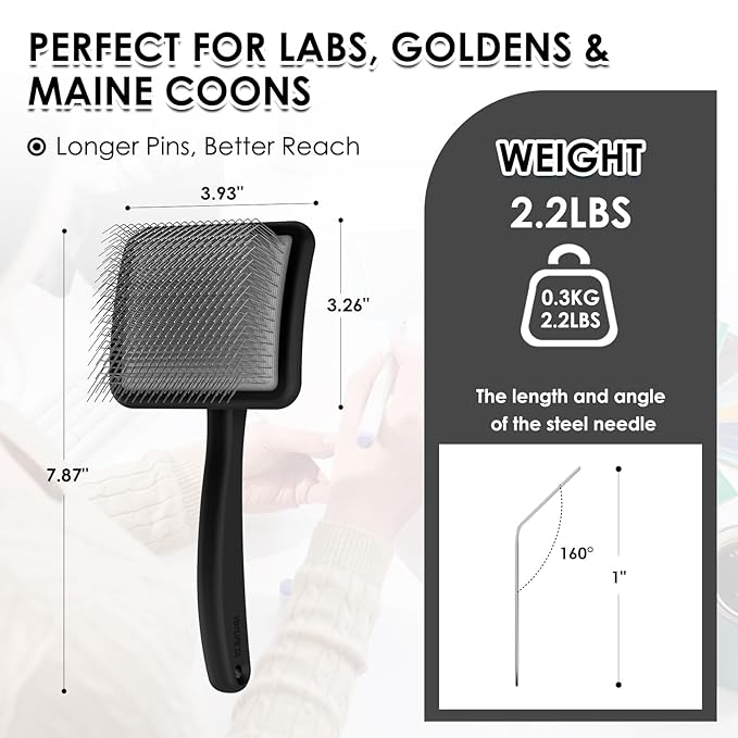 Large Long Pin Slicker Brush & Comb for Poodles, Goldendoodles & Cockapoos, Long Hair Dogs & Cats, Detangler Brush for Shedding & Matted Fur, Ergonomic Wooden Handle, Leather Sleeves. Black
