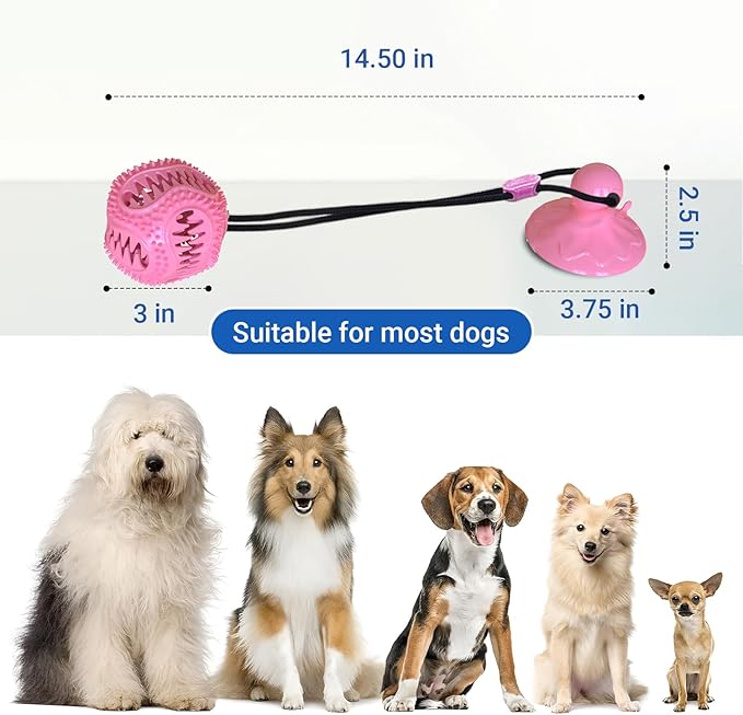Tailwag Dog Toys Treat Food Dispensing Ball with Suction Cup, Tug of War for Dogs, Interactive Ball for Boredom, Mental Stimulation for Dog Games to Keep Them Busy (Pink)