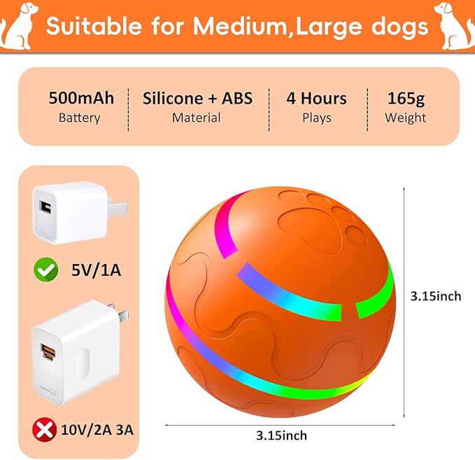 SUJF Interactive Dog Ball, Smart Interactive Dog Toys, Automatic Moving Vibrating Bouncing Pet Ball for Medium and Large Dogs, TPU Material, Rechargeable and Waterproof