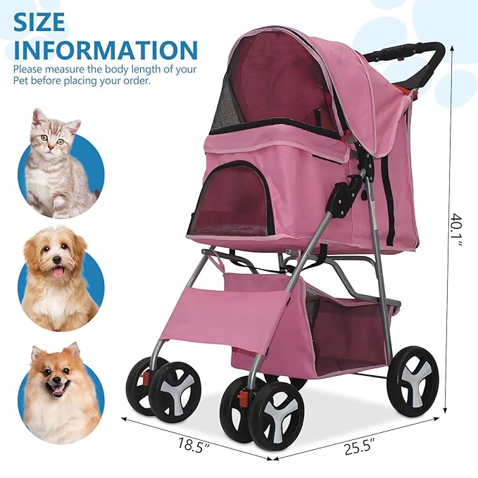 Pet Stroller 4 Wheels Dog Cat Stroller for Medium Small Dogs Cats, Folding Cat Jogger Stroller with Storage Basket & Breathable Mesh, Easy to Walk Travel Carrier