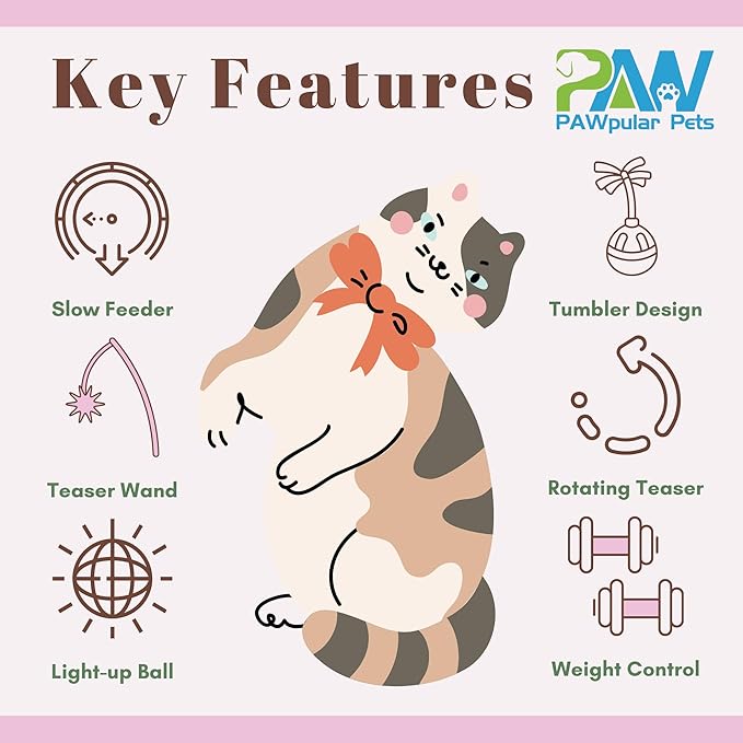PAWpular Pets Interactive Cat Toy for Bored Indoor Cats, Tumbler Design with Teaser Wand, Cat Food Dispenser & Treat Puzzle Toy, Kitten Enrichment Toys for Mental Stimulation & Slower Eating (Pink)
