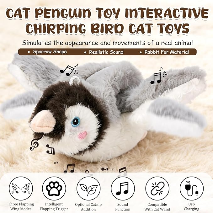 Interactive Chirping Bird Cat Toys - Cat Penguin Toy, Flying Birds Cats Toy with Flapping Wings, Realistic ElectricPenguin Pet Plush Toys, Relieving Boredom Flying Bird Cat Toys for Indoor Cats
