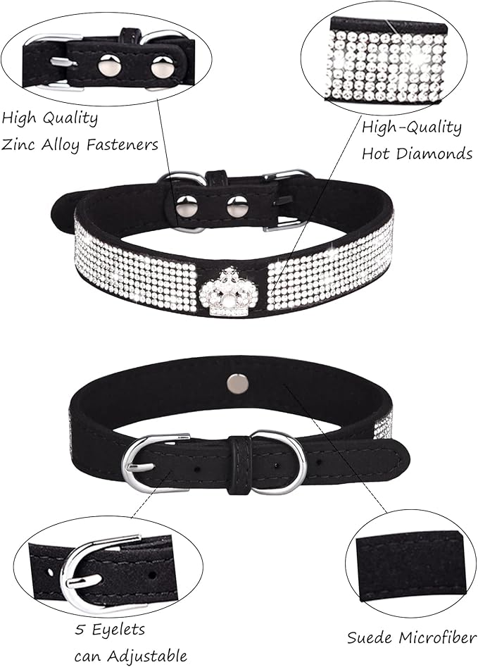 Dog Collar for Small Dogs, Adjustable Leather Suede Bling Dog Collars，Pink Dog Collar Cat Collar, Rhinestone Dog Collar (XS, black3)