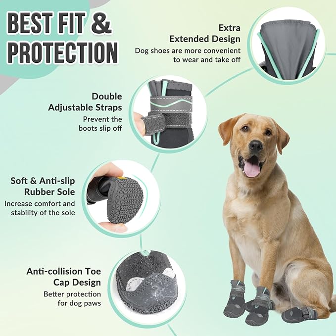 SlowTon Dog Shoes for Large Small Medium Dogs - Waterproof Dog Boots for Summer Hot Pavement, Paw Protector for Outdoor Walking Winter Snow, Anti-Slip Rubber Dog Booties for Hard Floor (GY, 8)