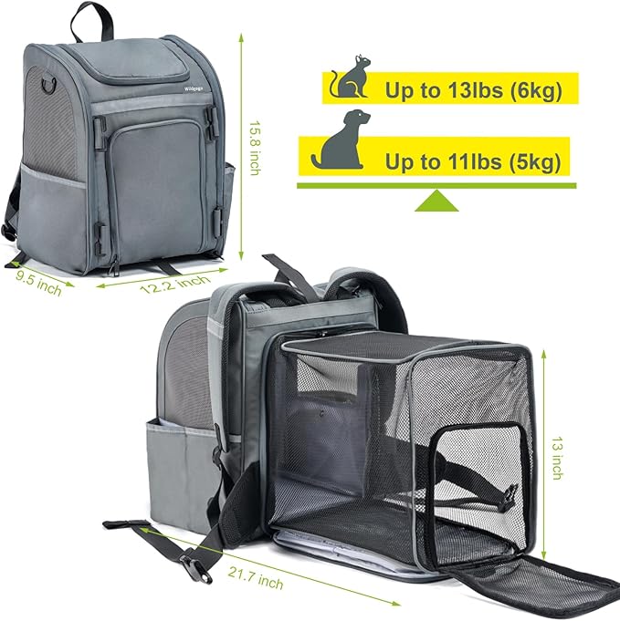 Wildgogo Expandable Pet Carrier, Airline-Approved Foldable and Detachable Backpack, Fits 13lbs Cat&11lbs Small Puppy Dog, for Car Travel,Camping and Emergency Transportation and Shelter (Grey)