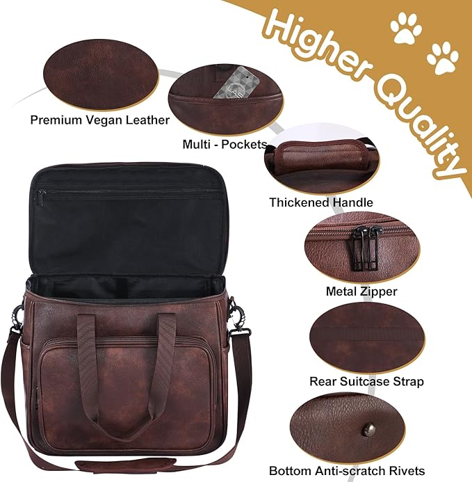 Dog Travel Bag, Leather Travel Pet Bag Set for Dog and Cat, Airline Approved Tote Organizer with Multi-Function Pockets, 2 Food Storage Containers, 2 Collapsible Bowls