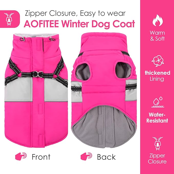 AOFITEE Dog Winter Coat, Dog Coat with Harness Built in, Dogs Jacket for Large Dogs, Reflective Waterproof Pet Puffer Jacket Snowsuit, Warm Fleece Windproof Pet Sweater for Cold Weather, XL