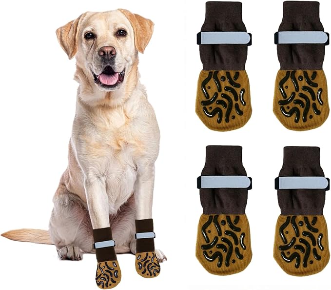 Anti Slip Dog Socks to Prevent Licking Paws, Dog Booties Shoes for Hot Pavement, Dog Socks with Grippers for Hardwood Floors, Senior Dog, Paw Protector (L, Strips Brown)