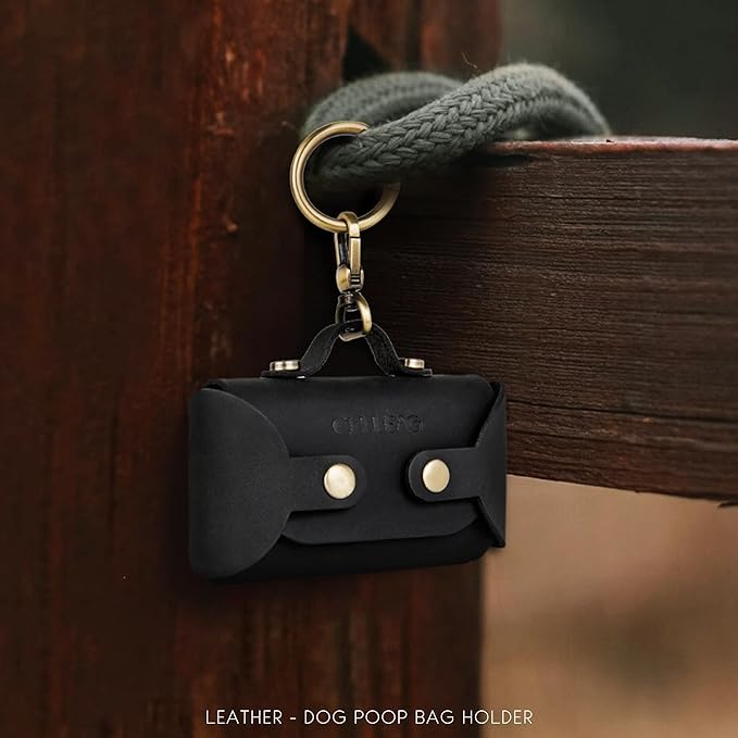 Handmade Leather Dog Poop Bag Dispenser with Belt Attachment,Durable, Stylish Waste Bag Holder, Dog Walkers, Brass Metal Clip, Charcoal Black