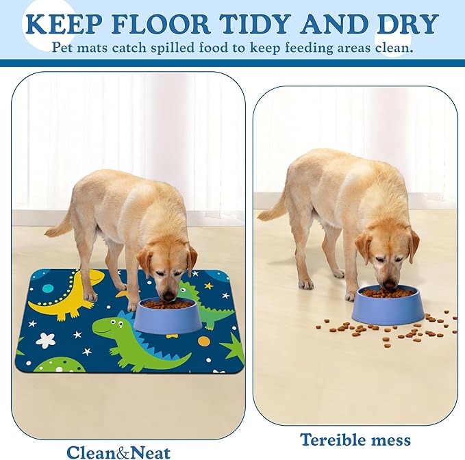 Cartoon Dino Pet Feeding Mat–Christmas Stocking Quick Dry Absorbent Dog Cat Food Mat, Non Slip Waterproof Bowl Placemat for Messy Eaters, Pet Accessories for Floors 16"x24"