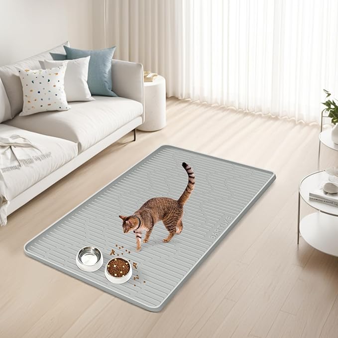 Bartuke Silicone Cat & Dog Food Mat, 28" x 22" Large Pet Feeding Mat for Cats and Dogs Bowl, Pet Placemat for Food and Water with Raised Edge, Waterproof, Leakproof (Grey)