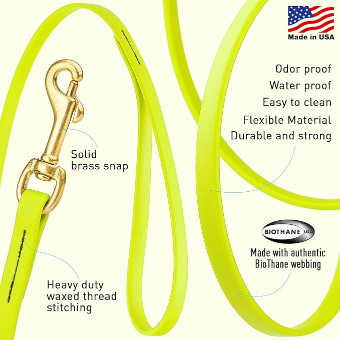 Viper Biothane K9 Working Dog Leash Waterproof Lead for Tracking Training Schutzhund Odor-Proof Long Line with Solid Brass Snap for Puppy Medium and Large Dogs, 15ft Safety Yellow