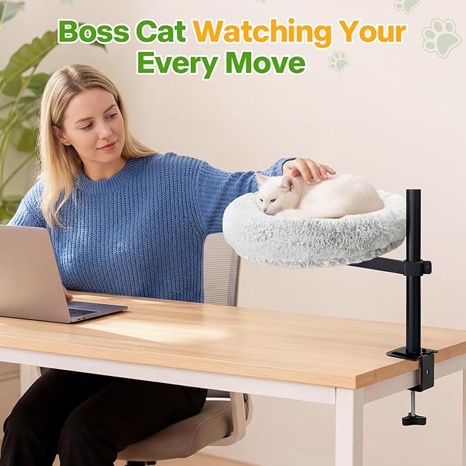 Cat Desk Bed - 360° Rotatable & Adjustable Hammock, 45 lbs Capacity Sturdy Attachment, Soft Removable Cozy Nest for Home Office & Gaming