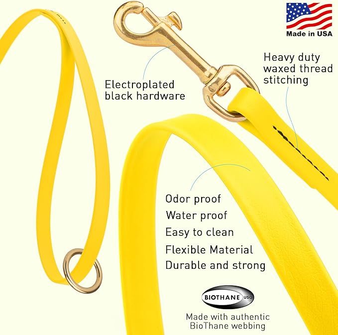 Viper Biothane K9 Working Dog Leash Waterproof Lead for Tracking Training Schutzhund Odor-Proof Long Line with Solid Brass Snap for Puppy Medium and Large Dogs 4ft, Lemon Yellow