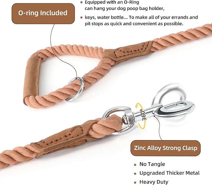 Mile High Life Dog Leash, Braided Cotton Rope Leashes with Leather Handle - Heavy Duty Metal Clasp, 4FT, 1/2" Thick - Wedding, Walking & Training Leash for Small Medium Large Dogs (Mocha Mousse)