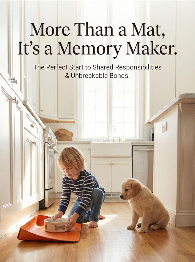 Pet Dog Food Mat w/Raised-Edge – Waterproof Faux Leather Cat Placemat for Bowls, Non-Slip & Washable Feeding Mat for Messy Eaters, Splash Guard for Floors (Cafe Latte,M)