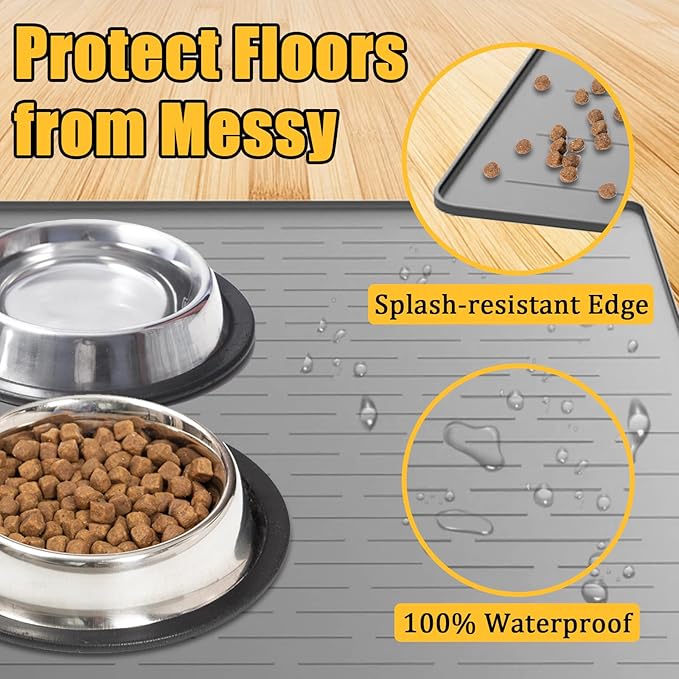 1.5MM Super Thick Dog Food Mat, 48"x32" Silicone Dog and Cat Mats for Food and Water Bowls, Waterproof Pet Feeding Mat for Contain Spills Protects Floors, Multiple Colors & Sizes for Pets, Beige