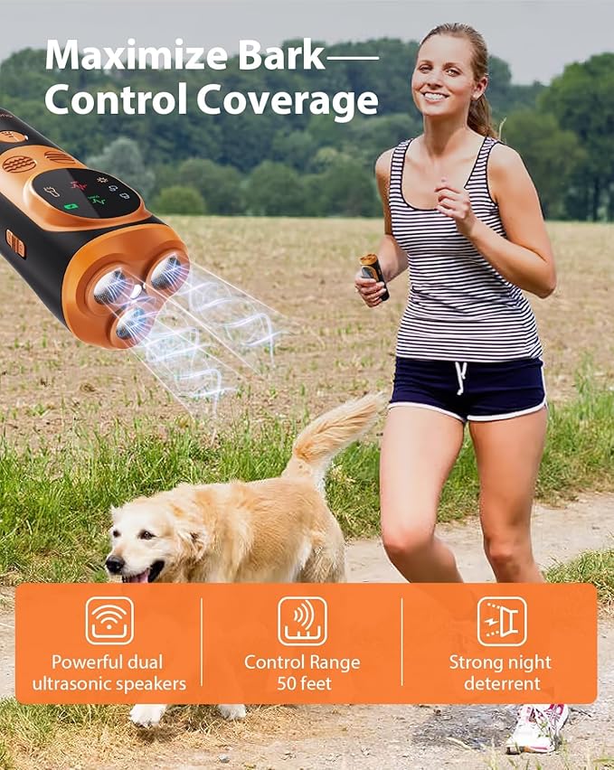 Anti Barking Device for Dogs, 3X Ultrasonic Dog Bark Deterrent Device with Training Modes Stop Neighbors Dog Barks, Portable Dog Training Tool with Flashlight Indoor Outdoor Use, Black and Orange