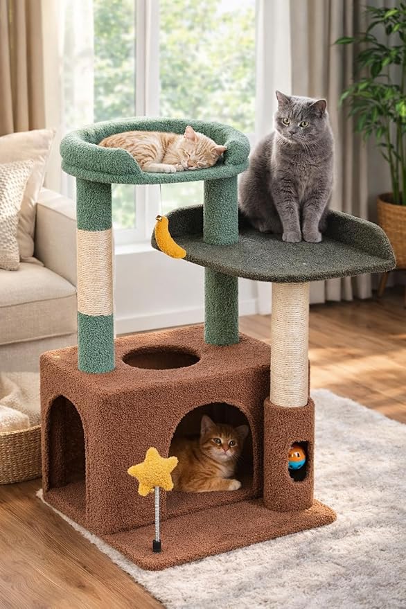 32" Cute Cat Tower for Indoor Kittens with Cat Condo, Plush Platform, Hammock, Sisal Scratching Posts, Dangling Ball, Tall Cat Tree Tower with Self-Grooming Brush (Olive Green)
