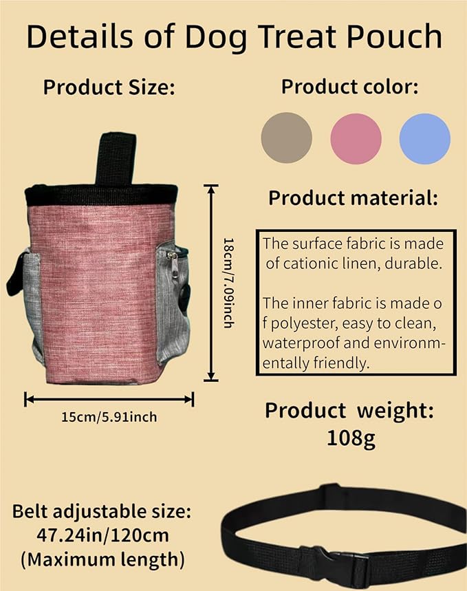 4-in-1 Dog Treat Pouch-3-Way Waterproof Cationic Linen Bag with Side Pockets & Compact Design Holds 3 Cups for Outdoor/Hiking with Poop Bag, Adjustable Belt & Silicone Flying Disc (Blue)