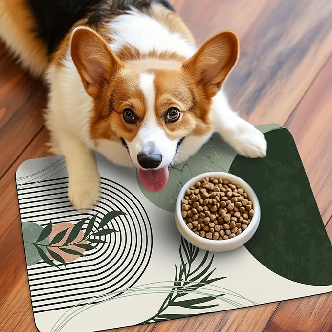 Patterned Cat & Dog Bowl Mat for Food and Water, 12"×20" Quick Dry Absorbent Pet Feeding Mat, Eco-Friendly Dog Placemat