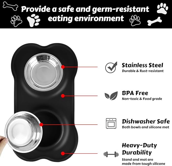 AsFrost Dog Food Bowls Stainless Steel & Water Dish with No-Spill and Non-Skid, Feeder Bowls with Dog Food Dish for Small Medium Large Size,Dogs,Cats,Puppy Pets, Black, 12oz