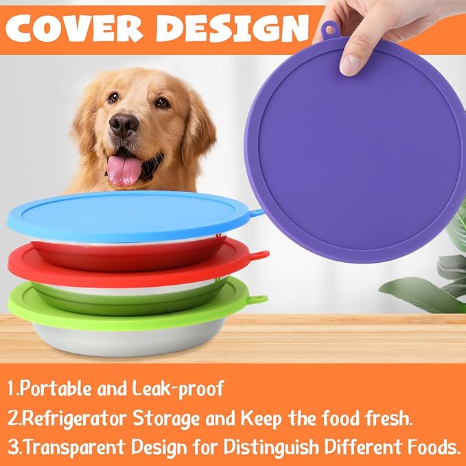 Patelai 8 Pcs Stainless Steel Dog Bowls with Silicone Lids Portable Food and Water Dishes for Pets Sealable Containers for Small Medium Dog Cat Indoor, 6.3 Inch (Red,Blue,Green,Purple)