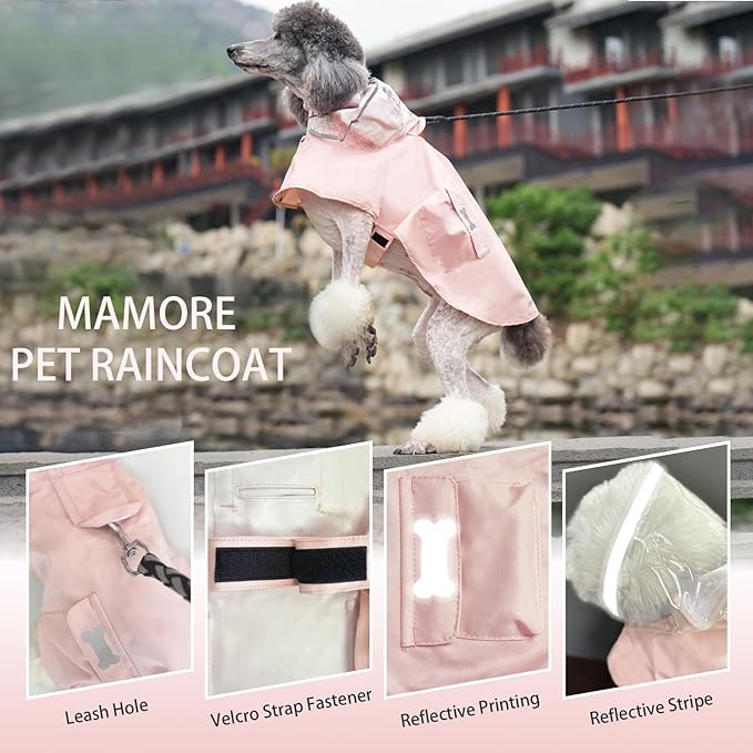 Dog Raincoat Waterproof, Adjustable Reflective Hooded Dog Rain Poncho with Leash Hole for Small Medium Large Dogs (Pink, Small)