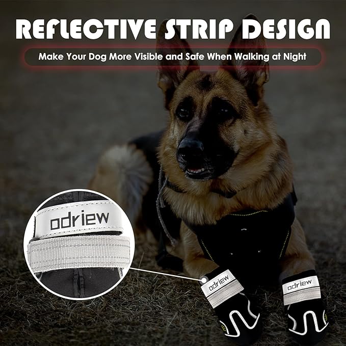 ODRIEW Dog Shoes Large Size Dogs, Medium Dog Booties-Dog Boots & Paw Protectors, 4PCS Small Shoes for Dogs with Reflective Strip, Anti-Slip Sole for Hot Pavement, Rain Snow Walking, Hiking. (Black, 5)