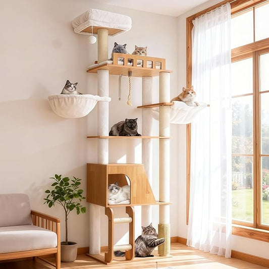 Hey-brother Wooden Cat Tree, 69.7 inch Cats Furniture Tower with Large Platforms, Hammocks, Spacious Condo, Full Sisal Scratching Posts, Ladder, Brush, Water Proof Surface, Walnut MPJ120WB