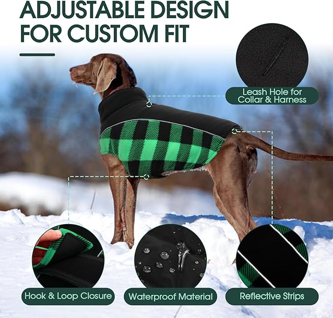 Kuoser Dog Winter Coat, Reversible Waterproof Dog Jacket with Reflective Strip, Warm Dogs Fleece Vest Adjustable Doggy Cold Weather Clothes Plaid Christmas Outfit Pet Apparel for Small Dogs, Green S