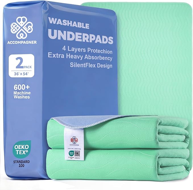 Accompagner Waterproof Reusable for Adults and Pets Washable Pee Pads for Dogs Changing Pad Large Dog Bed Size Adults Incontinence Bed Pads - Non-Slip Leak-Proof (Green, 36"x54"(Pack of 2))