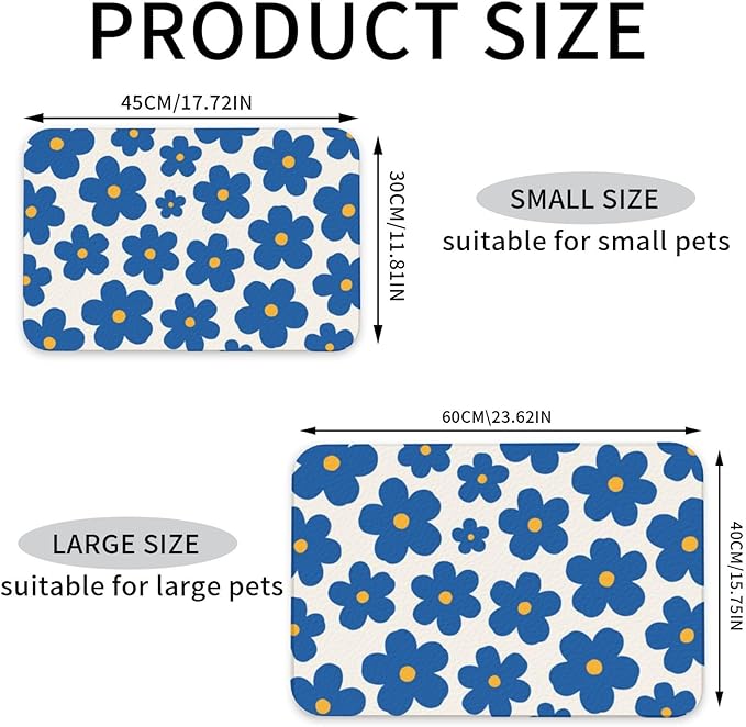 Dog Food Mat for Floors Absorbent,Quick Dry Cat Pet Feeding Placemats with Non Slip Rubber for Dog Food and Water Bowl, Pet Supplies for Dogs, Cats(40x60cm,Blue Flower Pattern On Cream)