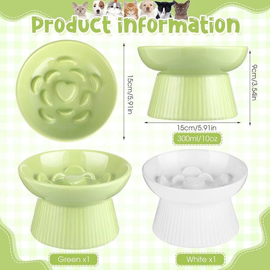 Tioncy 2 Pcs Raised Cat Slow Feeder Bowl Ceramic Elevated Cat Dog Food Bowl No Spill High Edge for Dry Wet Food and Water Easy to Clean, Dishwasher Safe (White,Green)