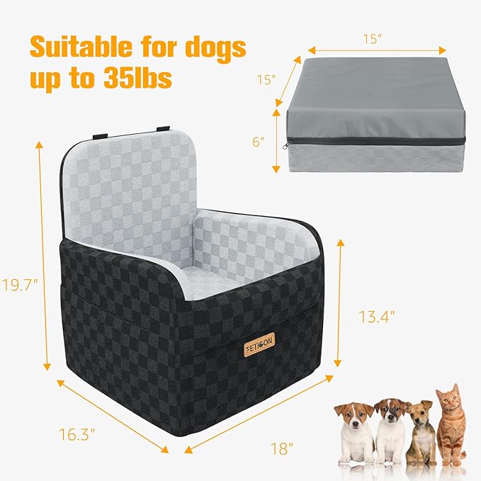 PETICON Waterproof Dog Car Seat for Small Medium Dogs, 6in Memory Foam Pet Booster Seat for Dogs up to 35 lbs with Pockets, Detachable Washable Pet Carseat with Y-Shape Safety Belt