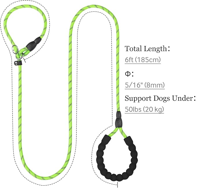 TagME Slip Leads for Dogs, 6 FT Heavy Duty Slip Leash with Padded Handle, Strong Rope No Pull Pet Training Leash for Small Dogs,Green
