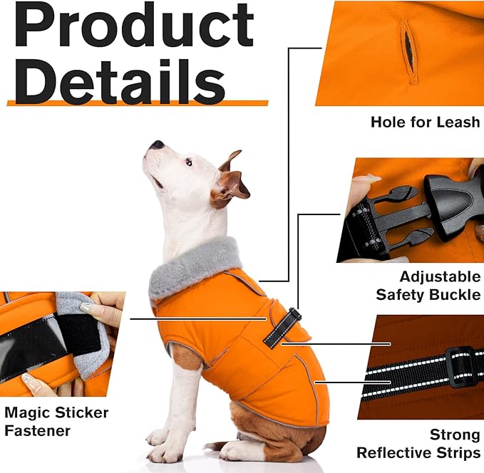 Lelepet Dog Coat Waterproof Dog Jacket Reflective Fleece Vest with Adjustable Buckle & Leash Hole Windproof Cold Weather Coats for Small Medium Large Dogs, Warm Hunting Vest, Orange, XL