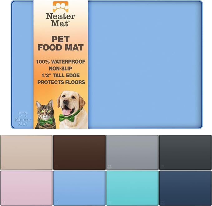 Neater Pet Brands Neater Mat Pet Mats for Food and Water, Cat & Dog Bowl Mat Waterproof Silicone, Feeding Tray, Dog Food Mats for Floors, Placemat w/Raised Edge for Under Bowls, 24" x 16", Light Blue