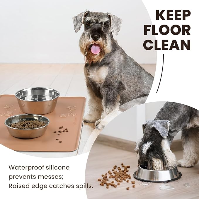 VIVAGLORY Dog Food Mat Flexmat Dog Bowl Mat, Placemat Food Tray with Raised Edges & Lip for Indoor Floor, Non Slip Waterproof Silicone Dish Placemat for Cat & Pet, S, Khaki