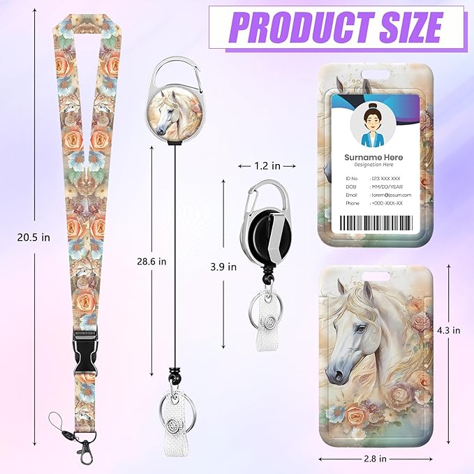 Horse Flower ID Badge Holder with Lanyard, Colorful Floral Retractable Lanyards for ID Badges Name Tag Clips, Funny Nurse Teacher Office Student Gift