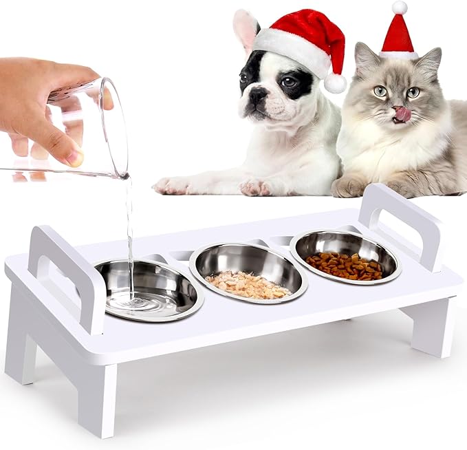 Elevated Cat Food Bowl, 3 Stainless Steel Raised Cat Bowls with Stand, 15°Tilted Cats Bowl for Small Dog, Cats Food and Water Bowl Set, Anti Vomitting, Whisker Fatigue and Dishwasher Safe (White)