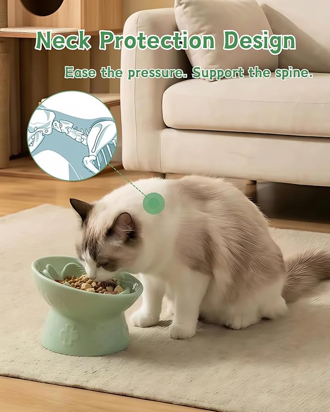 TRUVIC Ceramic Slow Feeder Cat Bowl, Elevated Cat Wet Food Bowl Tilted Design, Raised Slow Feeder Dog Bowl no Black Chin, Four-Leaf Clover Shape for Dry and Wet Food, Green