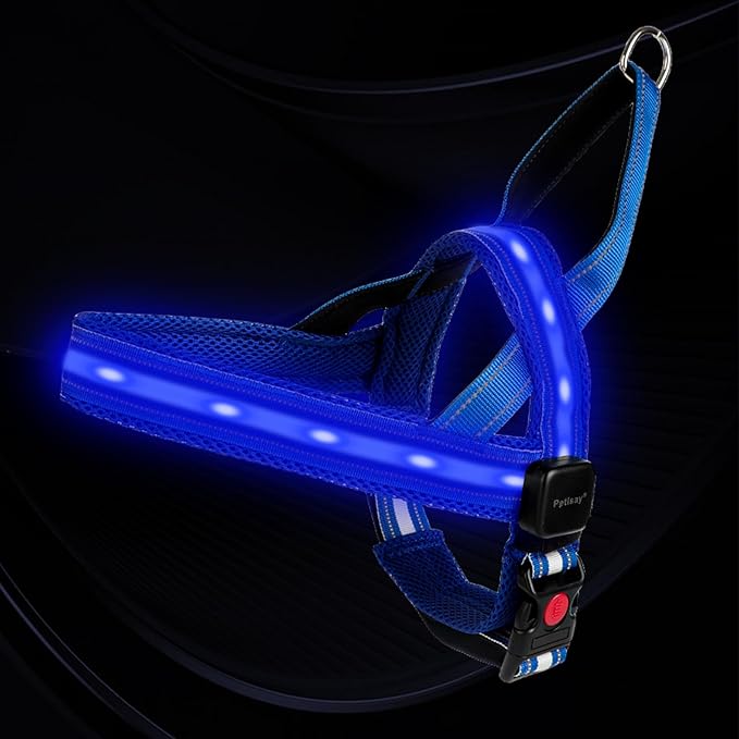 PetIsay LED Light Up Dog Harness - USB-C Rechargeable, IPX7 Waterproof, Reflective, No Pull Dog Vest with Soft Padded Handle for Night Walking(Blue, S)