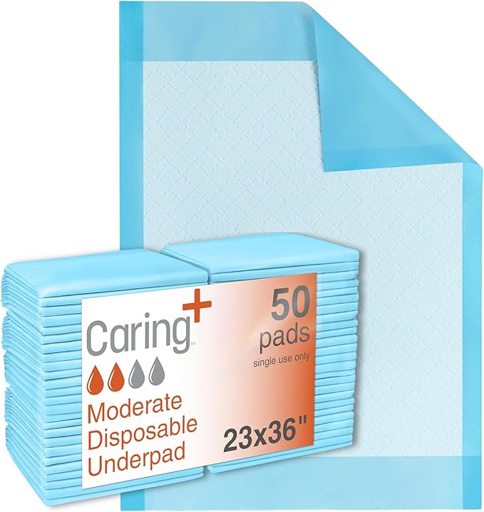 Caring Disposable Underpads 23 x 36 in, Moderate Absorbency Bed Pads, Chucks Pads, Puppy Pads, Baby Changing Pads, Incontinence Underpads for Adults, Pets, Babies, 50 Count Pack