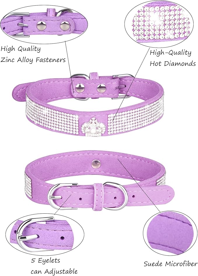 Dog Collar for Small Dogs, Adjustable Leather Suede Bling Dog Collars，Pink Dog Collar Cat Collar, Rhinestone Dog Collar (M, purple3)