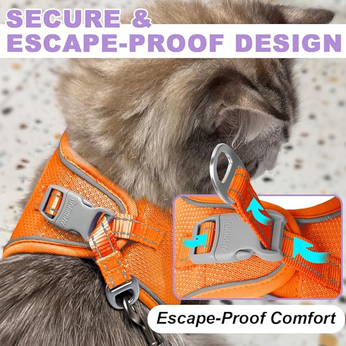 Cat Harness and Leash Set,Escape Proof Kitten Harness,Step in Adjustable Soft Lightweight,Easy Control,Reflective Strips Comfortable for Walking Travel(Orange,M)